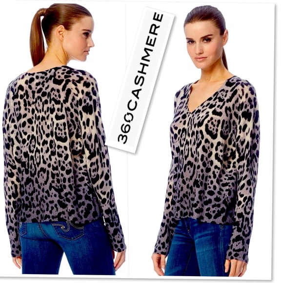 360 Cashmere Lauren Leopard Print 100% Cashmere V-neck...